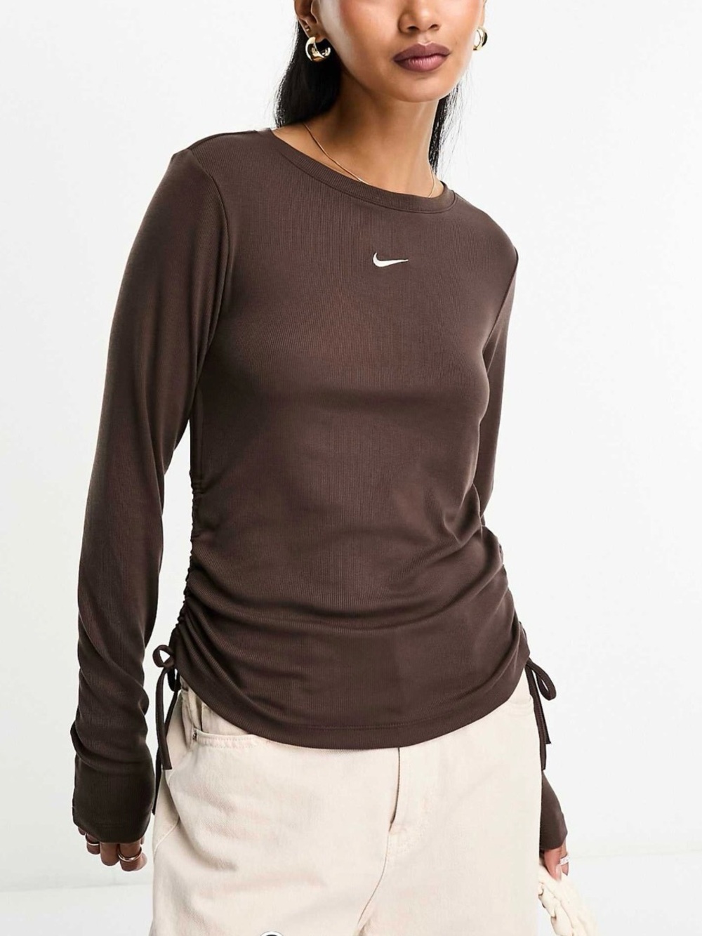 Nike Women’s Essential Ribbed Drawstring Long Sleeve T-Shirt in Baroque Brown